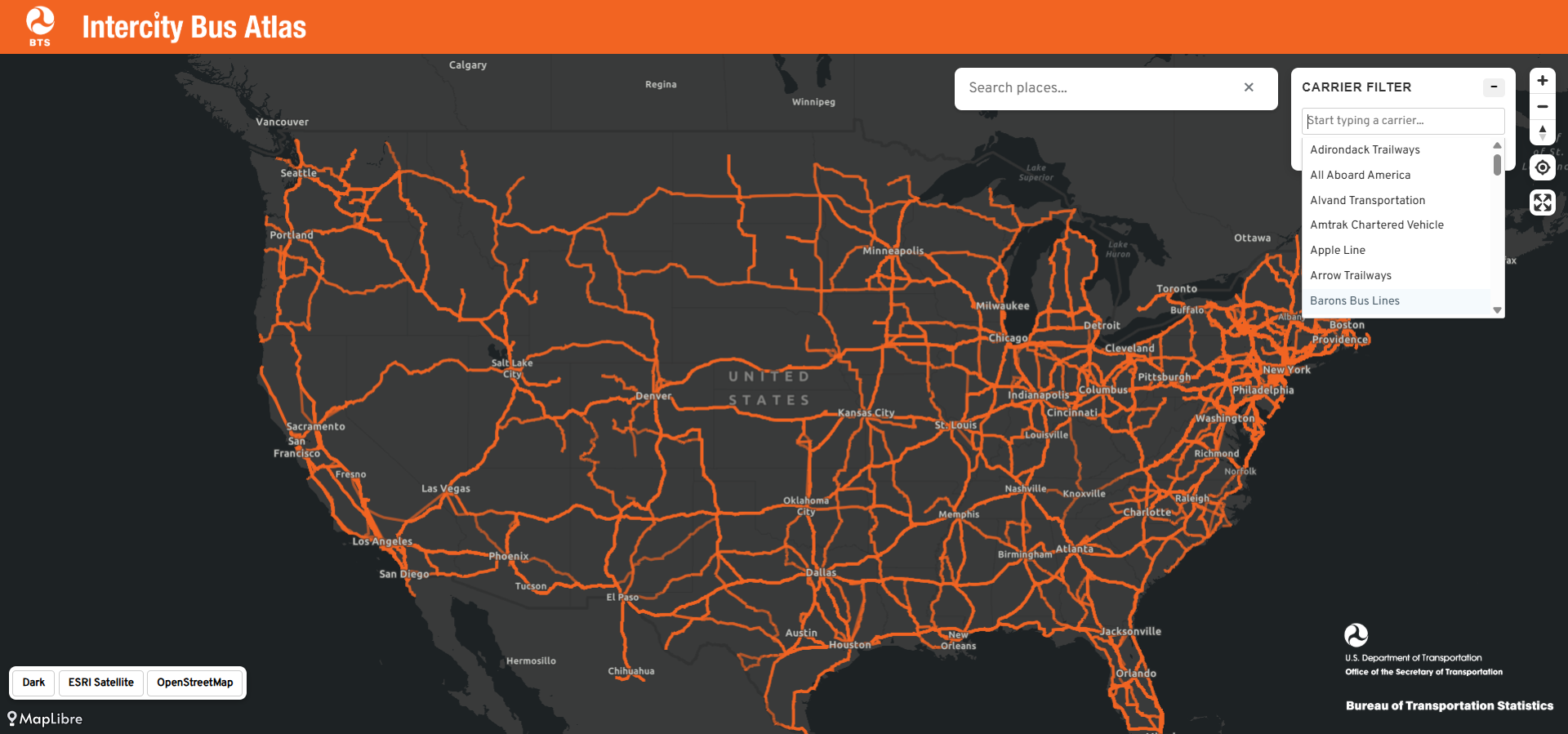 Screenshot of Intercity Bus Atlas, with routes in orange on a map of the United States.