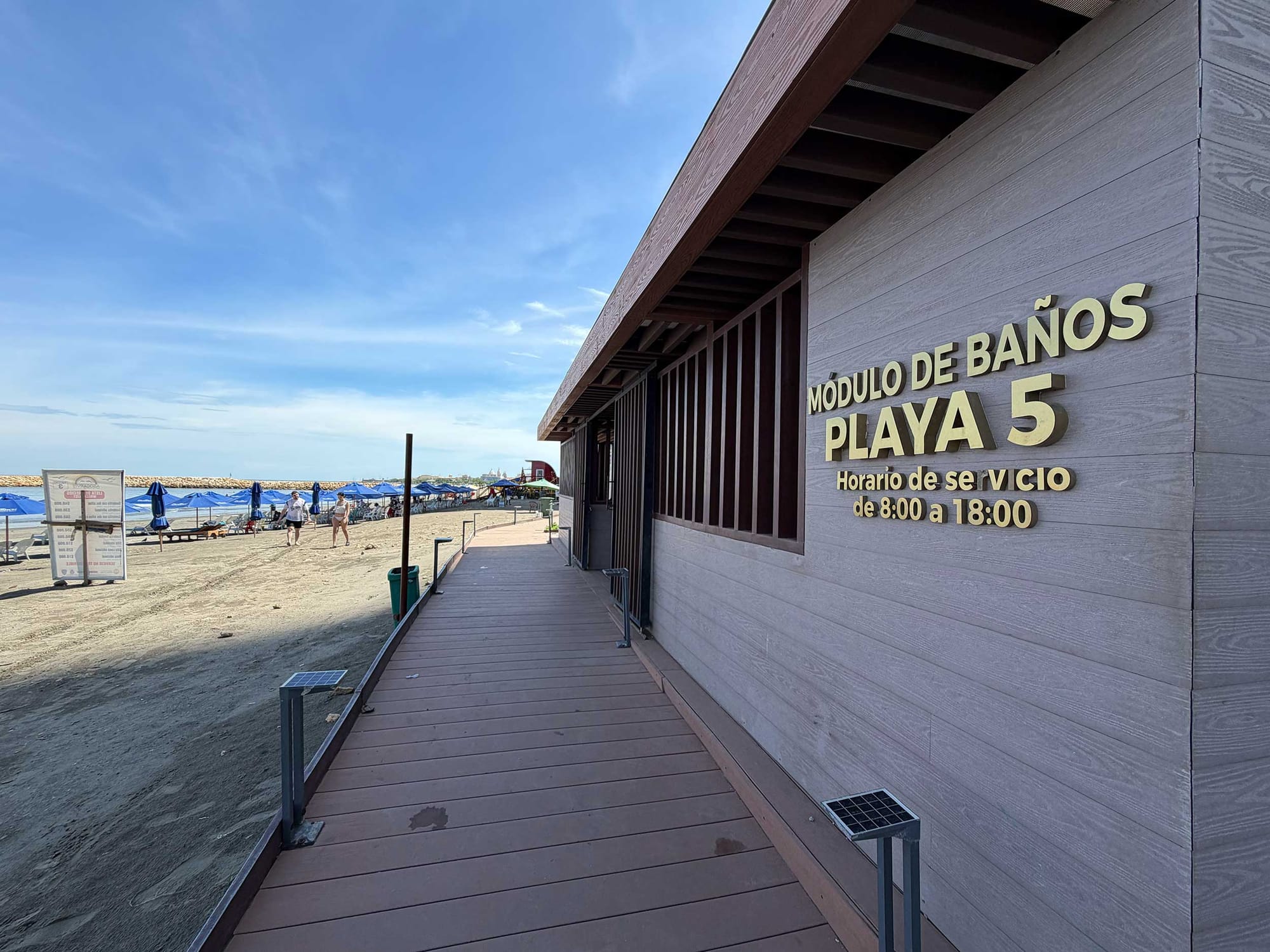 Exterior of the Playa 5 restroom facility along the boardwalk.