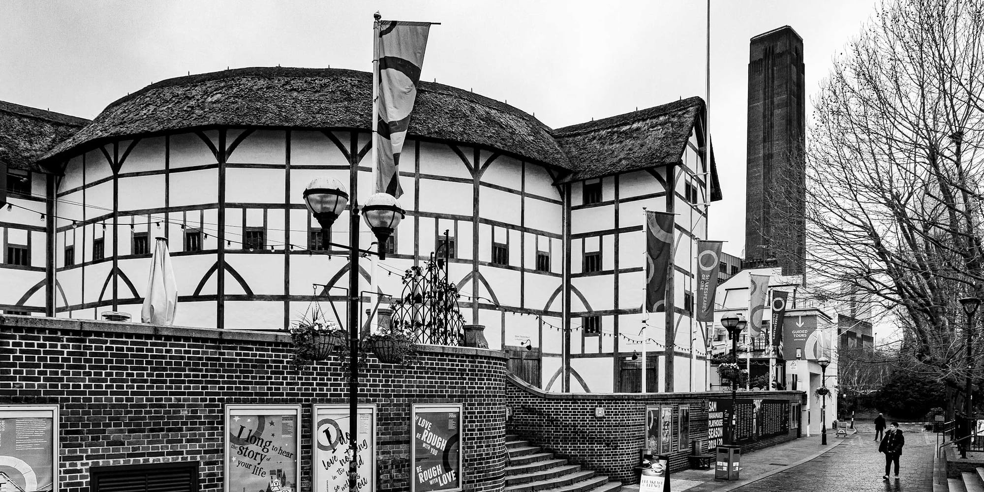 Globe Theatre in London, black and white photo.