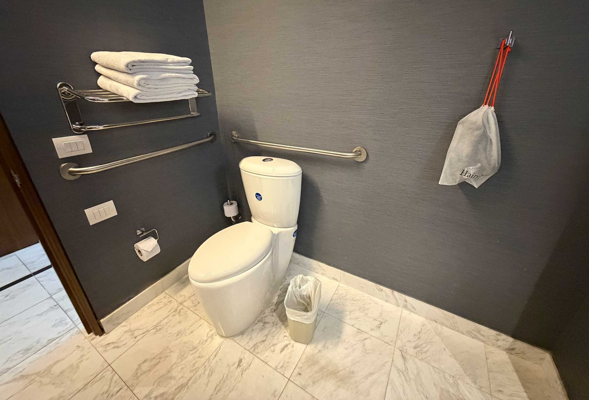 Accessible toilet positioned in a corner with horizontal grab bars mounted on both the rear wall and the adjacent side wall.