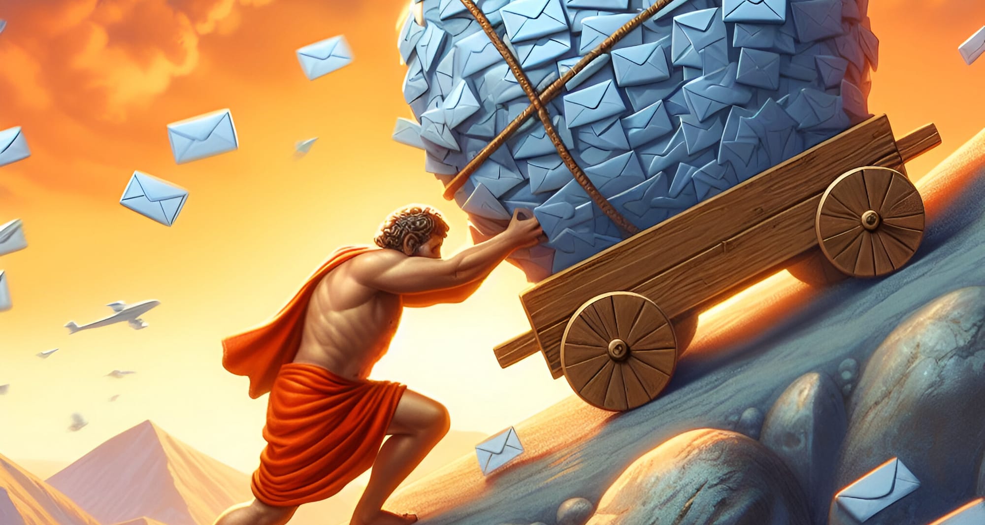 Sisyphus pushing a cart of emails up a hill.