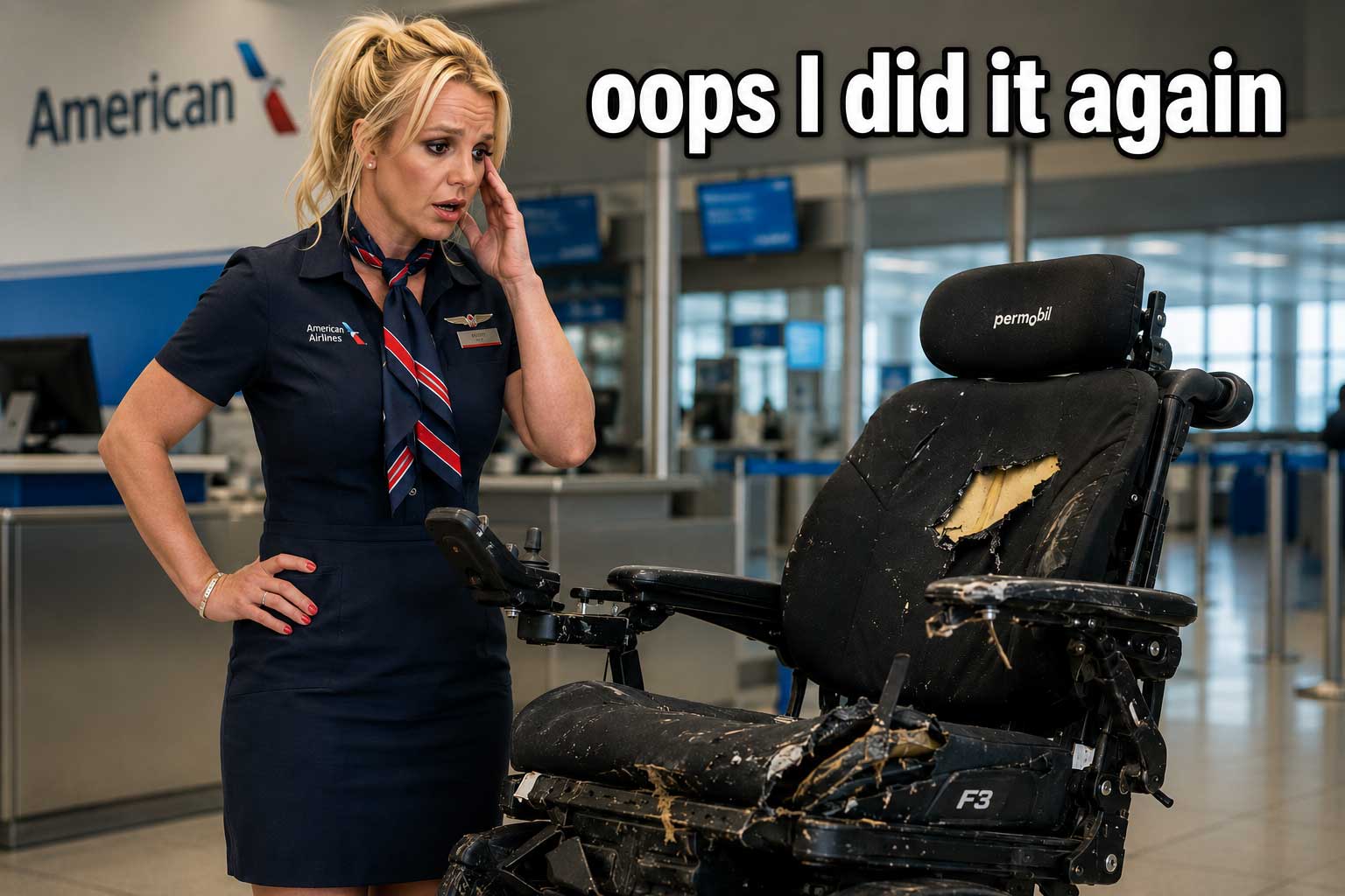 AI generated meme of Britney Spears swearing an American Airlines uniform looking at a damaged power wheelchair with the caption, Oops I did it again.