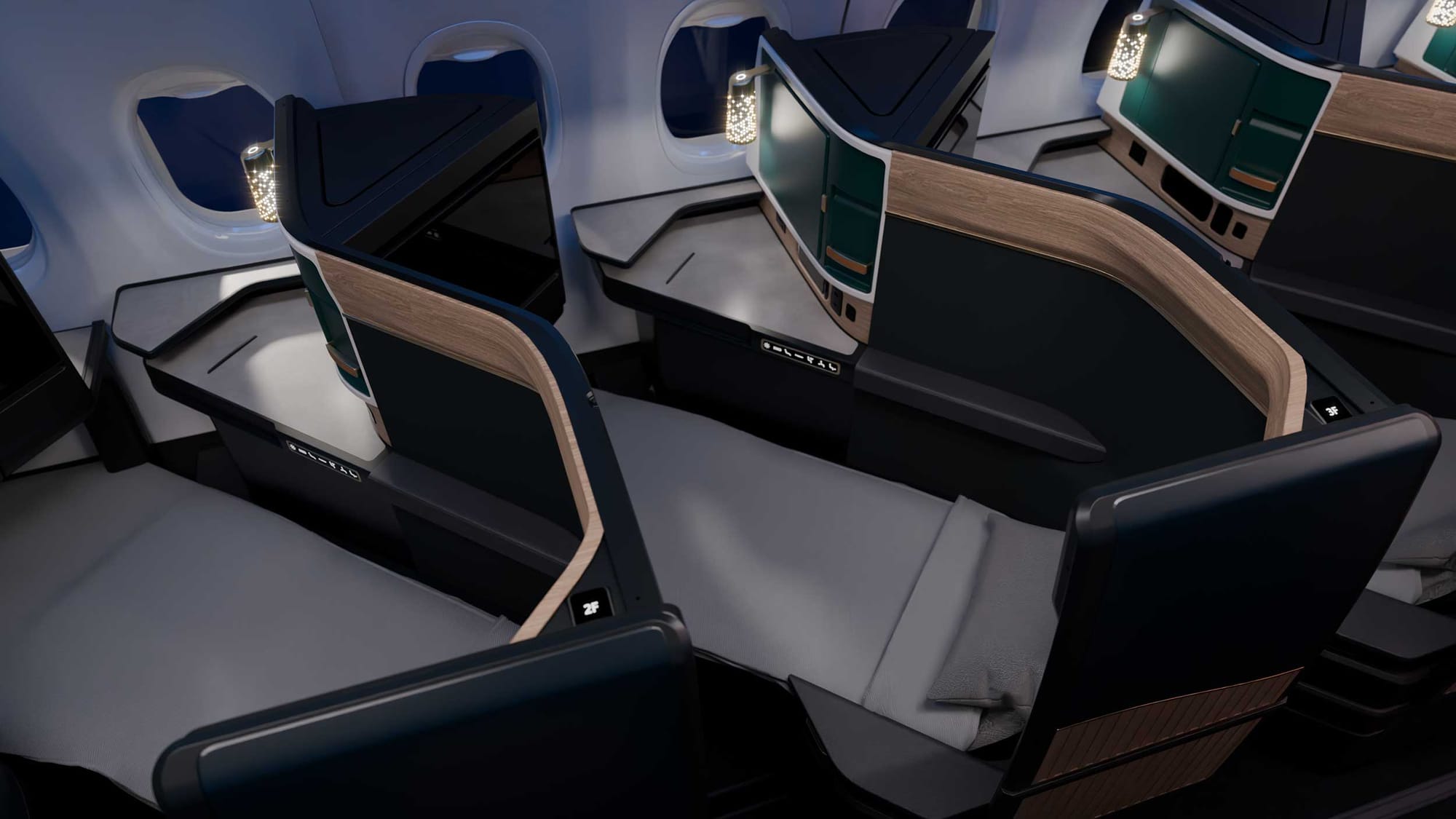 Business class seats in flat bed mode.