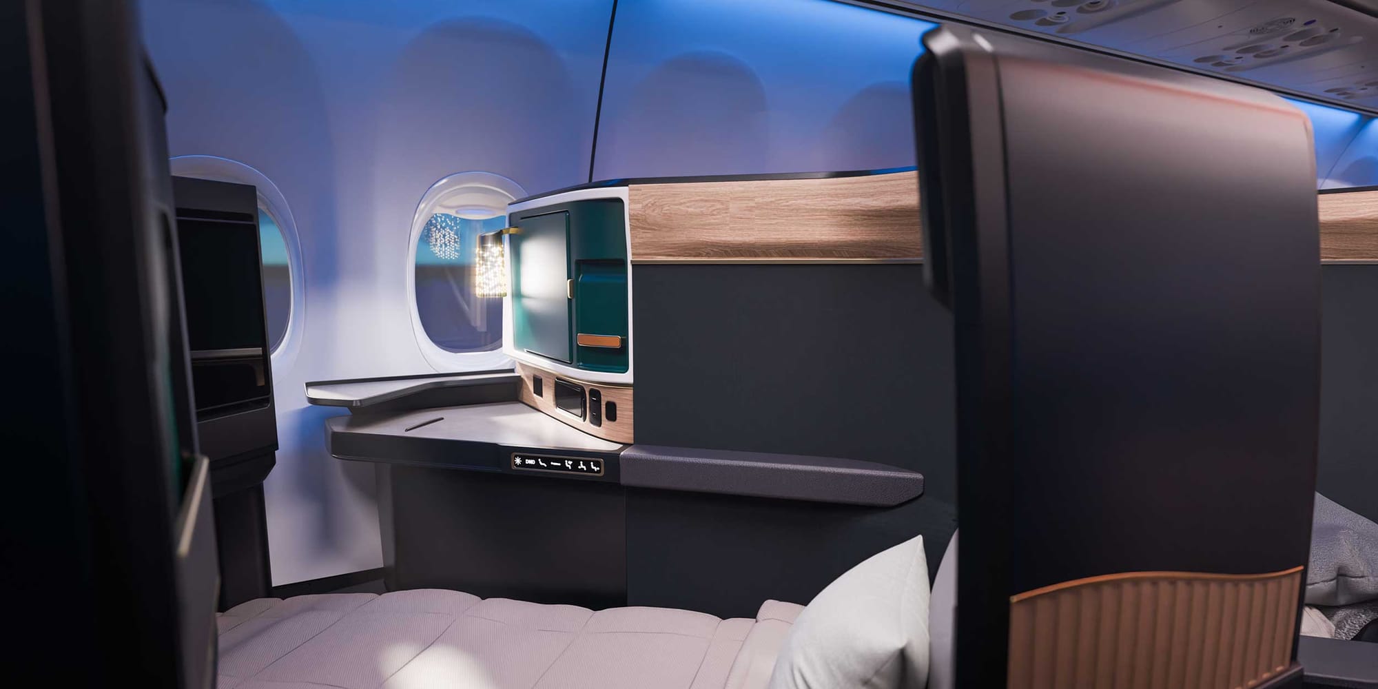 Business class seat in lay flat bed position.