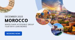 Collage of images from Casablanca and Marrakech, plus a now booking message for 2025 Wheelchair Travel Group Trip to Morocco.