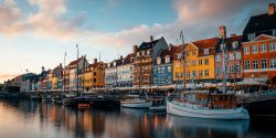 Colorful houses along canal in Copenhagen, Denmark.