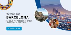 Collage of images from Barcelona, plus a now booking message for 2026 Wheelchair Travel Group Trip to Barcelona.