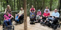 Group of wheelchair users on a wooden boardwalk in a forest.