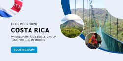 Collage of images from Costa Rica, plus a now booking message for 2026 Wheelchair Travel Group Trip to Costa Rica.