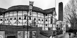 Globe Theatre in London, black and white photo.