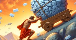 Sisyphus pushing a cart of emails up a hill.