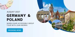 Collage of images from Germany and Poland, plus a now booking message for 2027 Wheelchair Travel Group Trip.