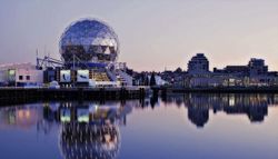 Science World at sunset in Vancouver, Canada.