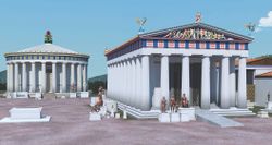 Illustration of ramps leading into temples of Ancient Greece.
