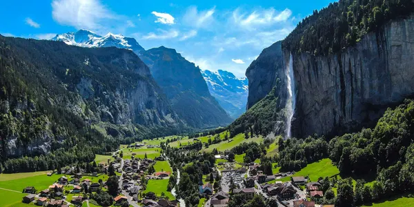 Waterfall and mountains in Lauterbrunnen, Switzerland.