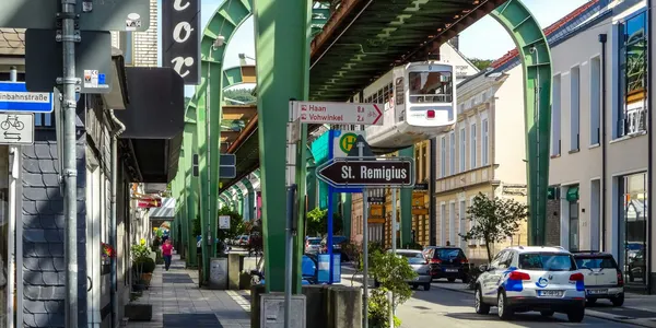 Train suspended over street in German city of Wuppertal.