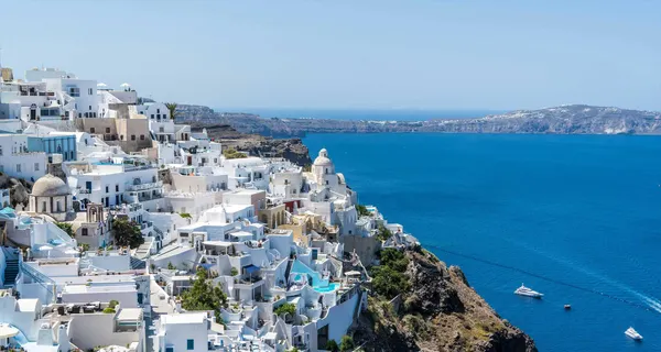 Aerial view of Santorini, Greece city and coastline.