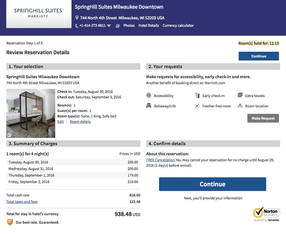 PHOTO: Reservation page on the SpringHill Suites Milwaukee Downtown website.