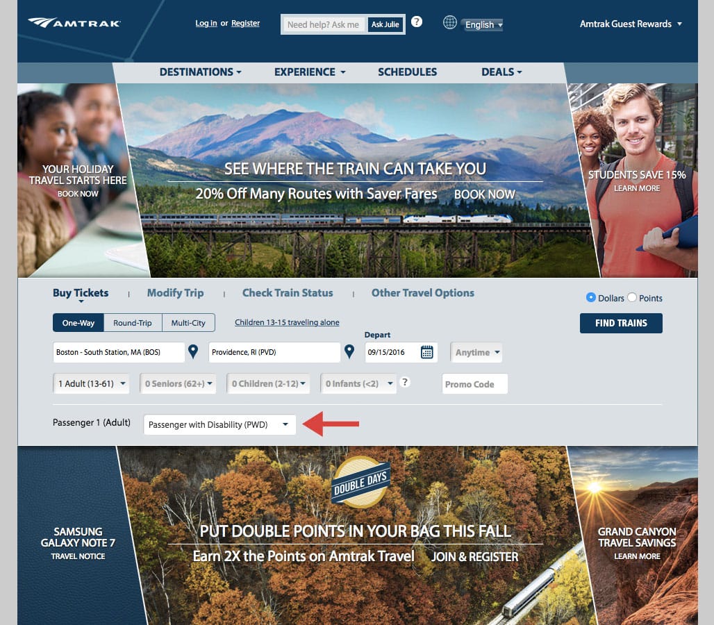 Amtrak.com homepage.