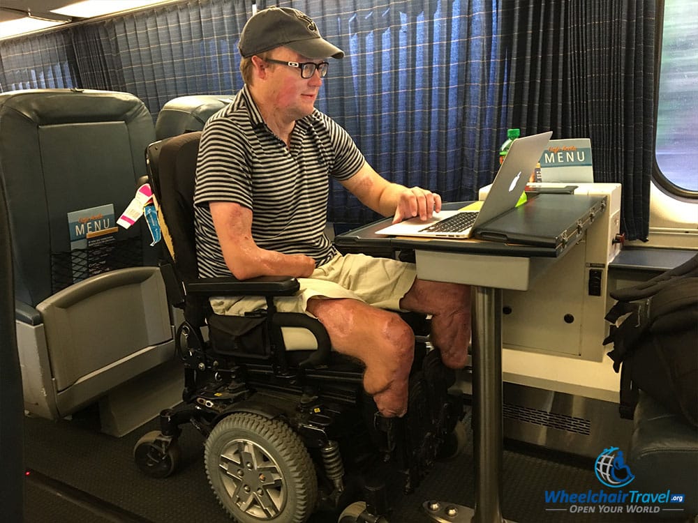 PHOTO: Wheelchair parked in reserved wheelchair space on Amtrak Acela train.