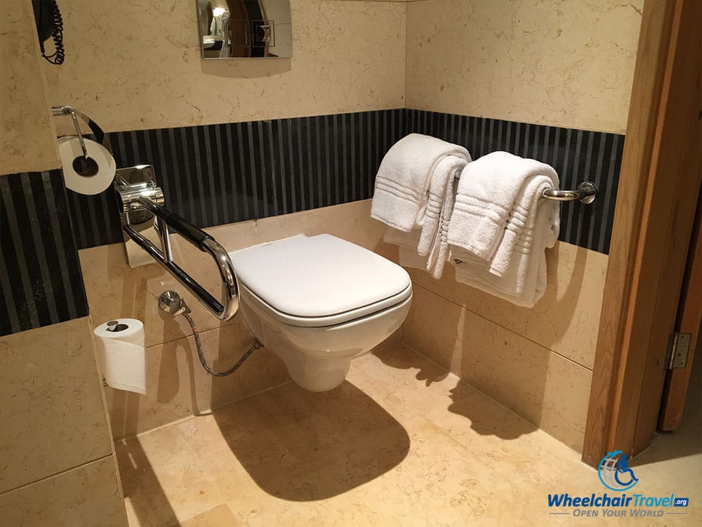 Toilet surrounded by grab bars