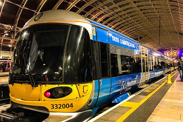 Heathrow Express train at London Paddington Station.