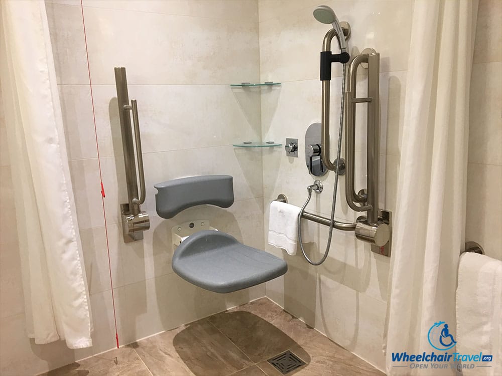 Wheelchair accessible roll-in shower at Hilton London Paddington hotel