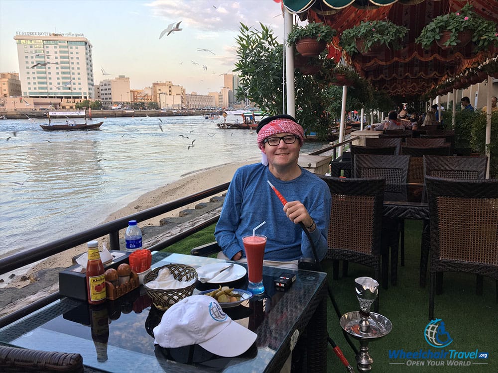 Enjoying lunch and shisha at the Blue Barjeel Cafe in Dubai.