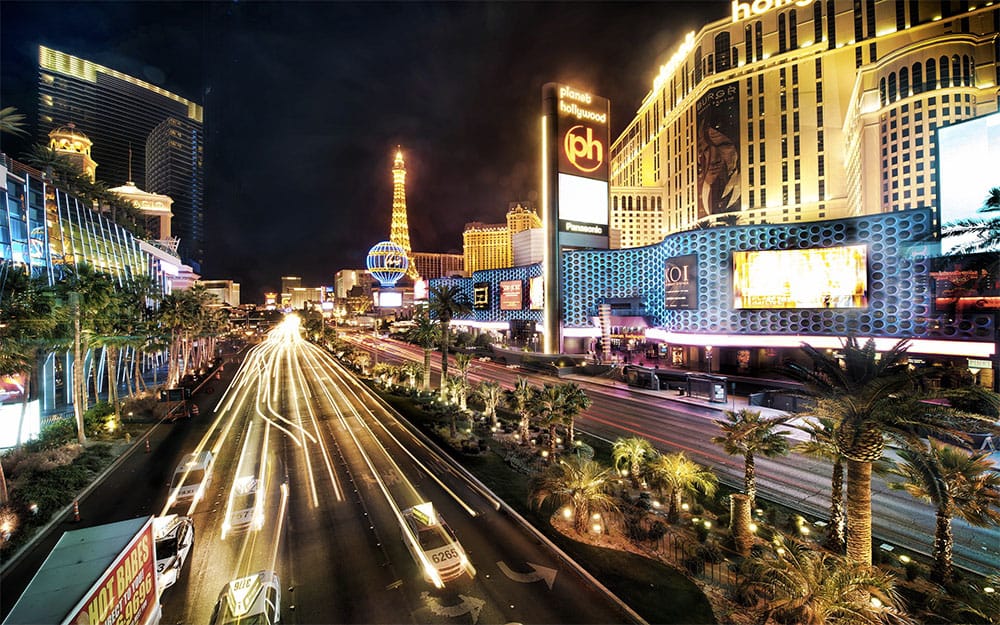 Las Vegas Strip, seen at night.