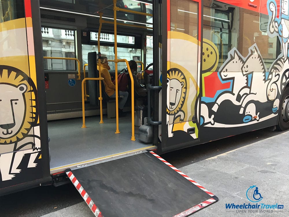 Wheelchair accessible ramp on tourist bus in Madrid.