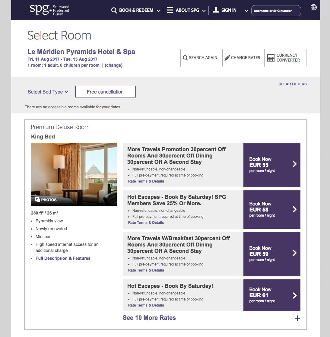 Sample room rates at Le Meridien Pyramids Hotel in Giza, Egypt.