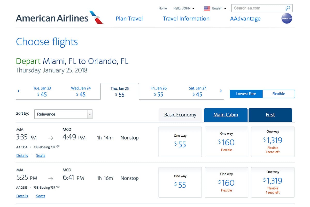 Screenshot of American Airlines basic economy fares from Miami to Orlando, Florida.