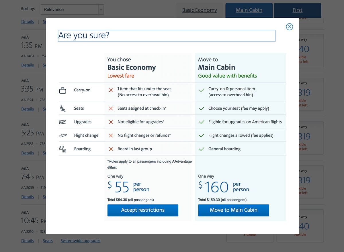 Pop-up alert on American Airlines website detailing the Basic Economy fare restrictions.