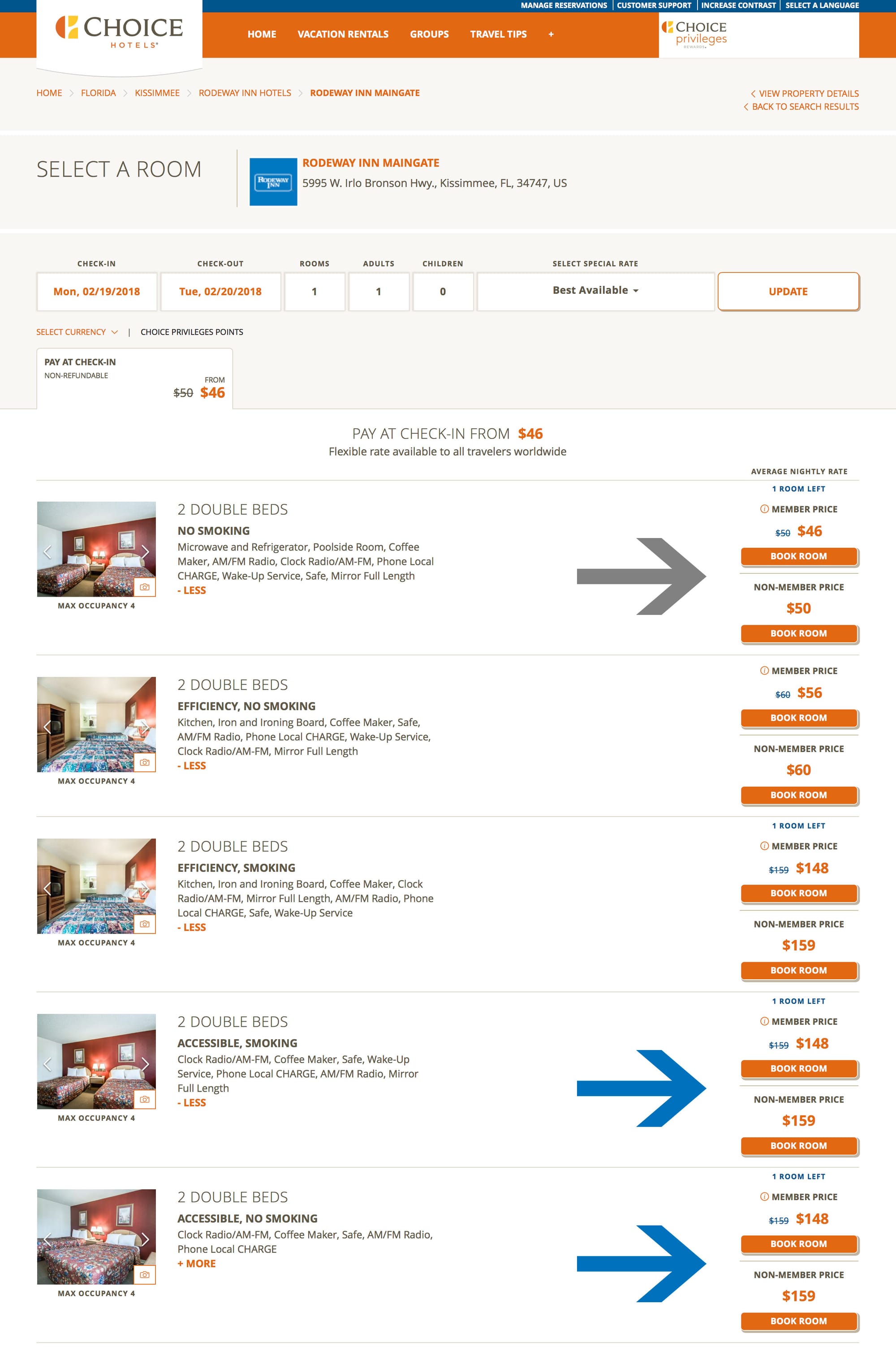 Hotel room rates at the Rodeway Inn Maingate. A standard guest room is $46 per night, but its accessible equivalent is $148 per night.