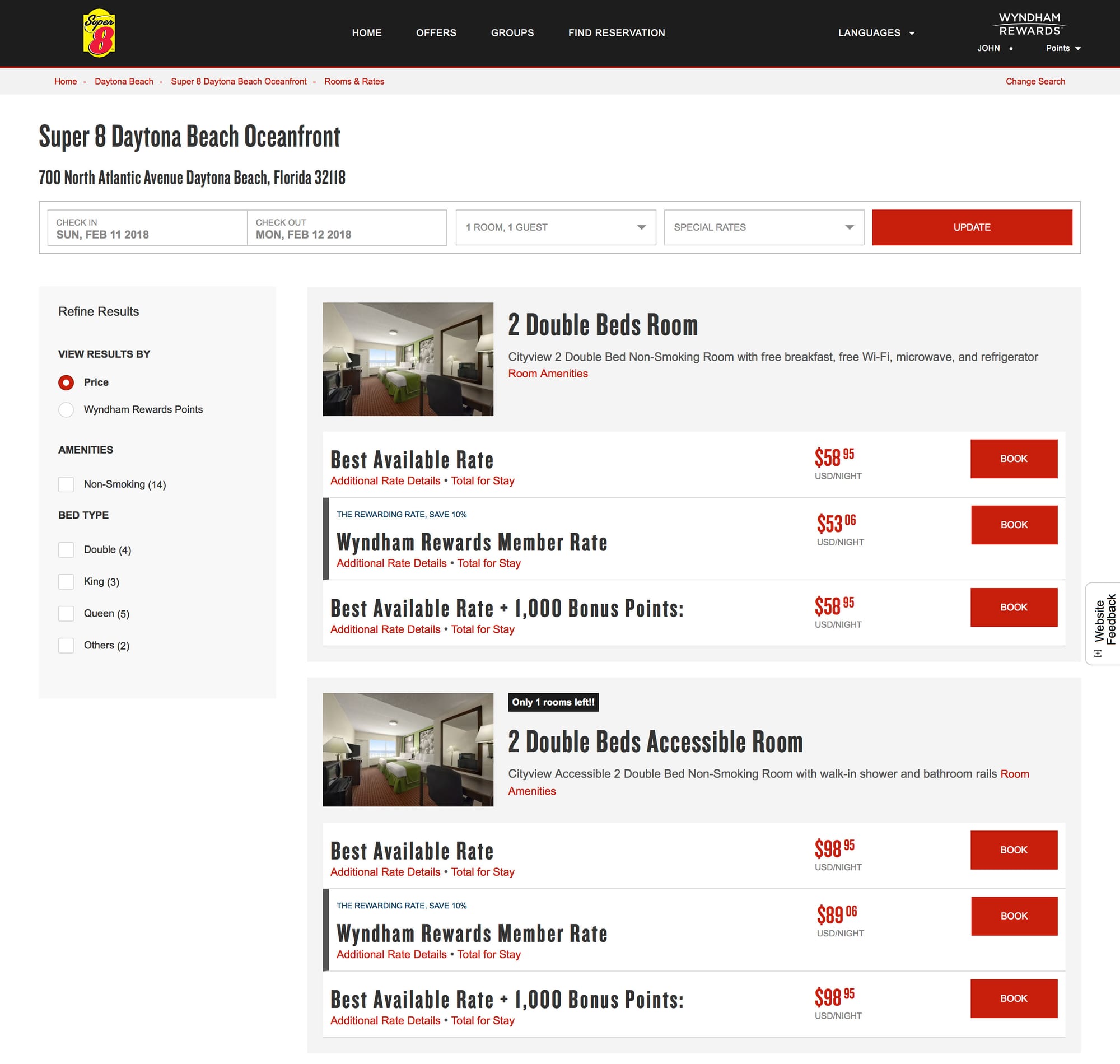 Room rates at the Super 8 in Daytona Beach, Florida.