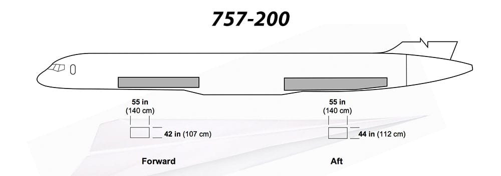 Drawing of the Boeing 757 cargo compartments with measurements of the cargo doors, courtesy of Boeing.