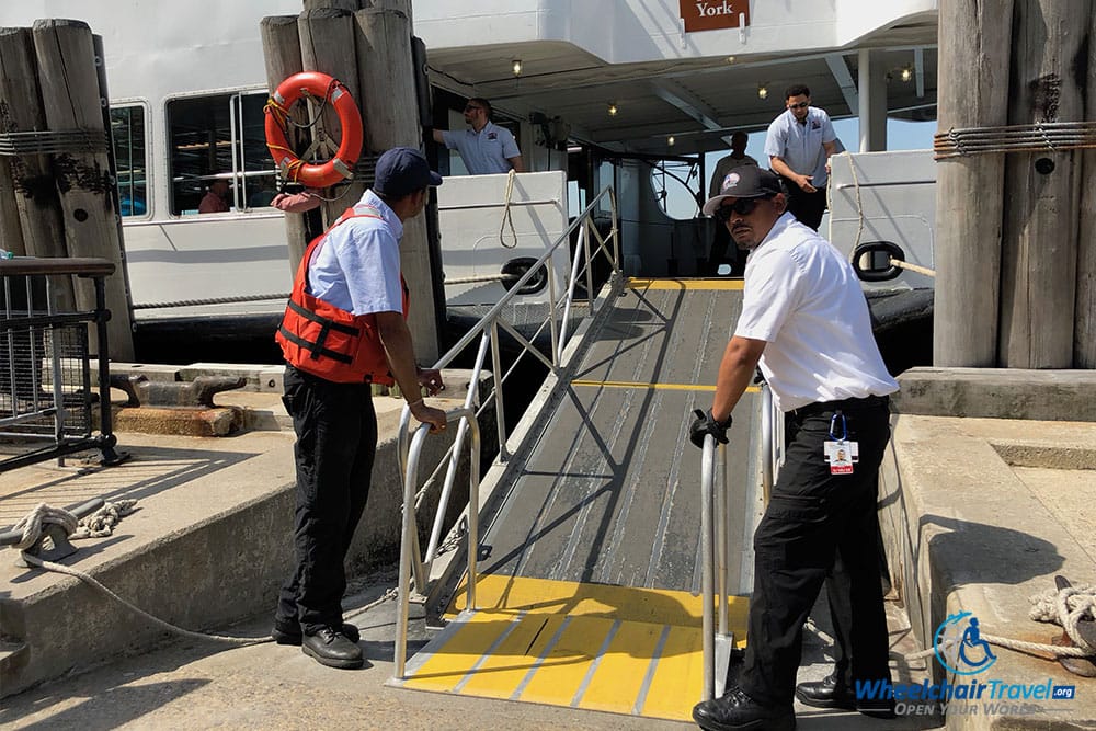 Steep wheelchair ramp at high tide.