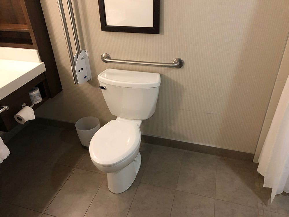 Toilet with grab bars.