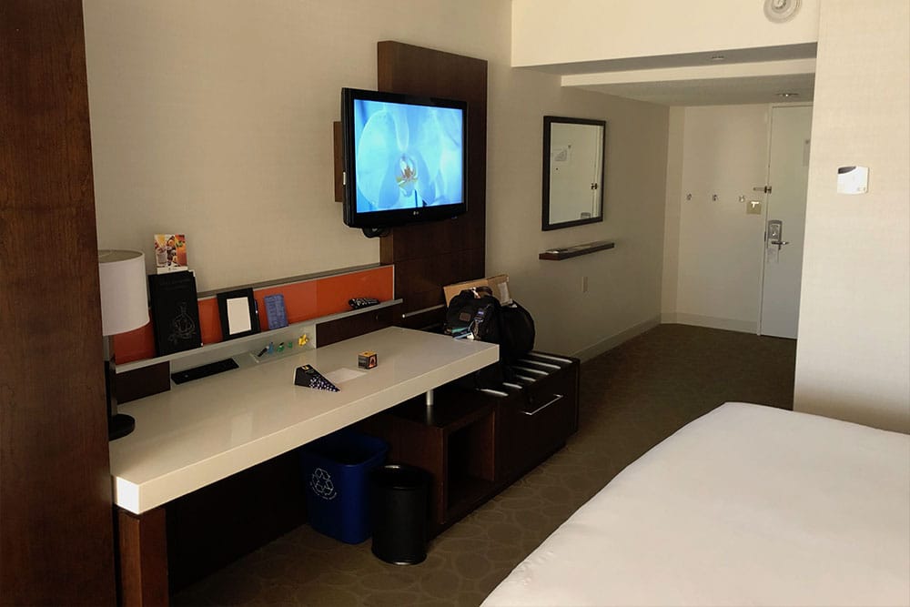 Wheelchair accessible desk and wall-mounted TV.