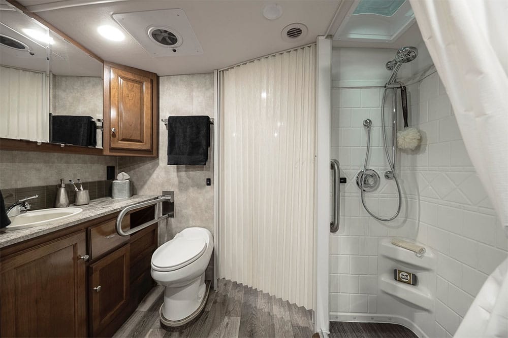 Accessible bathroom on Winnebago Adventurer 30T AE.