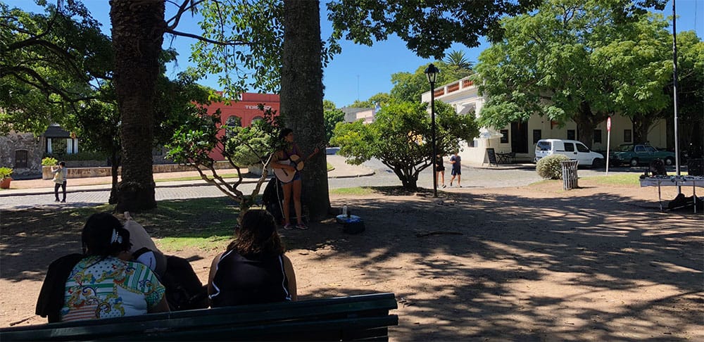 Live music performer perform ing under the treetops of Plaza Mayor.