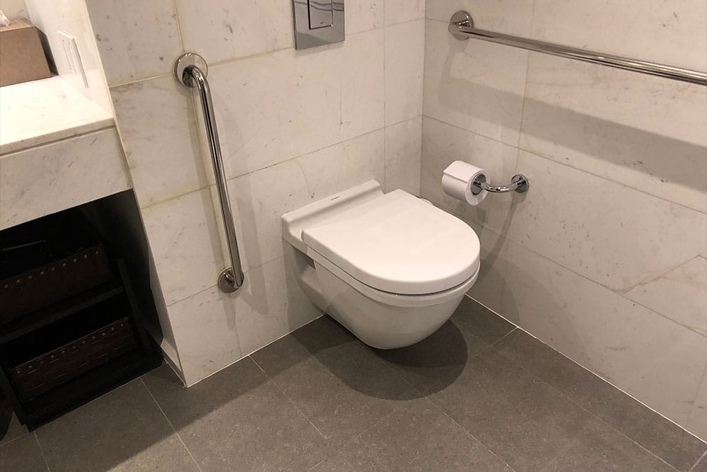 Toilet with grab bars.