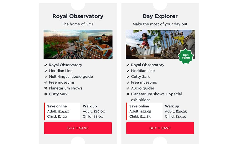 Ticket prices at the Royal Museums Greenwich.