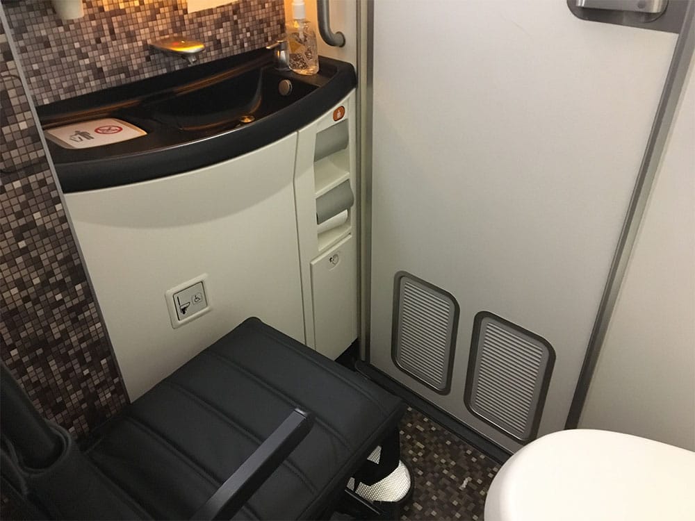 Aisle chair inside the accessible lavatory on an Etihad Airways Boeing 787.
