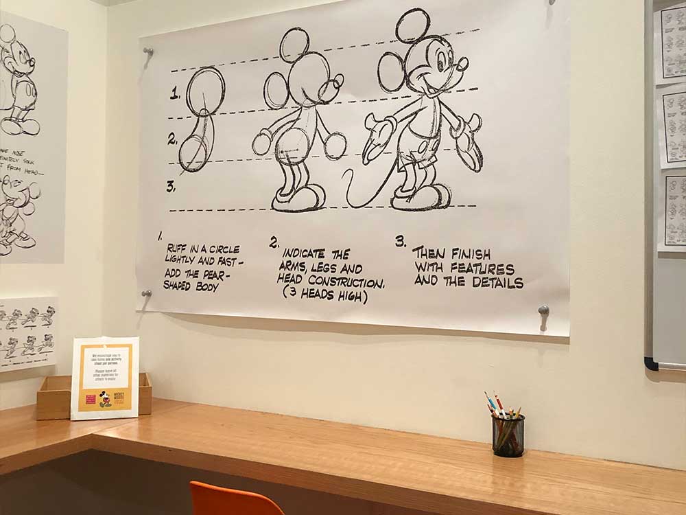 Hands-on station for drawing Mickey Mouse, with instructions on a large poster.