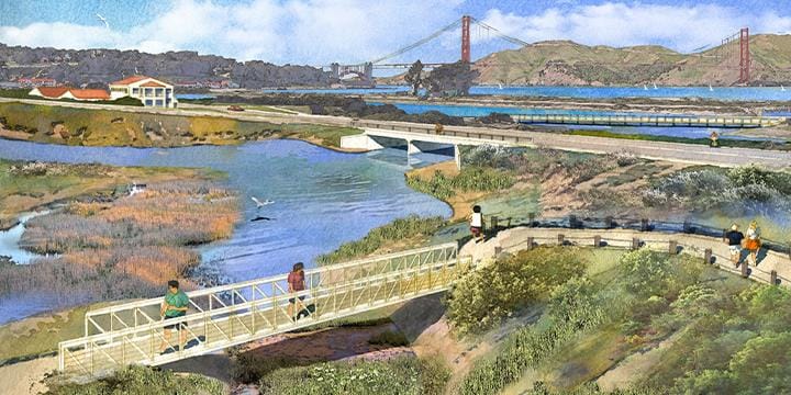 Rendering of a marshland with a pedestrian bridge over water.