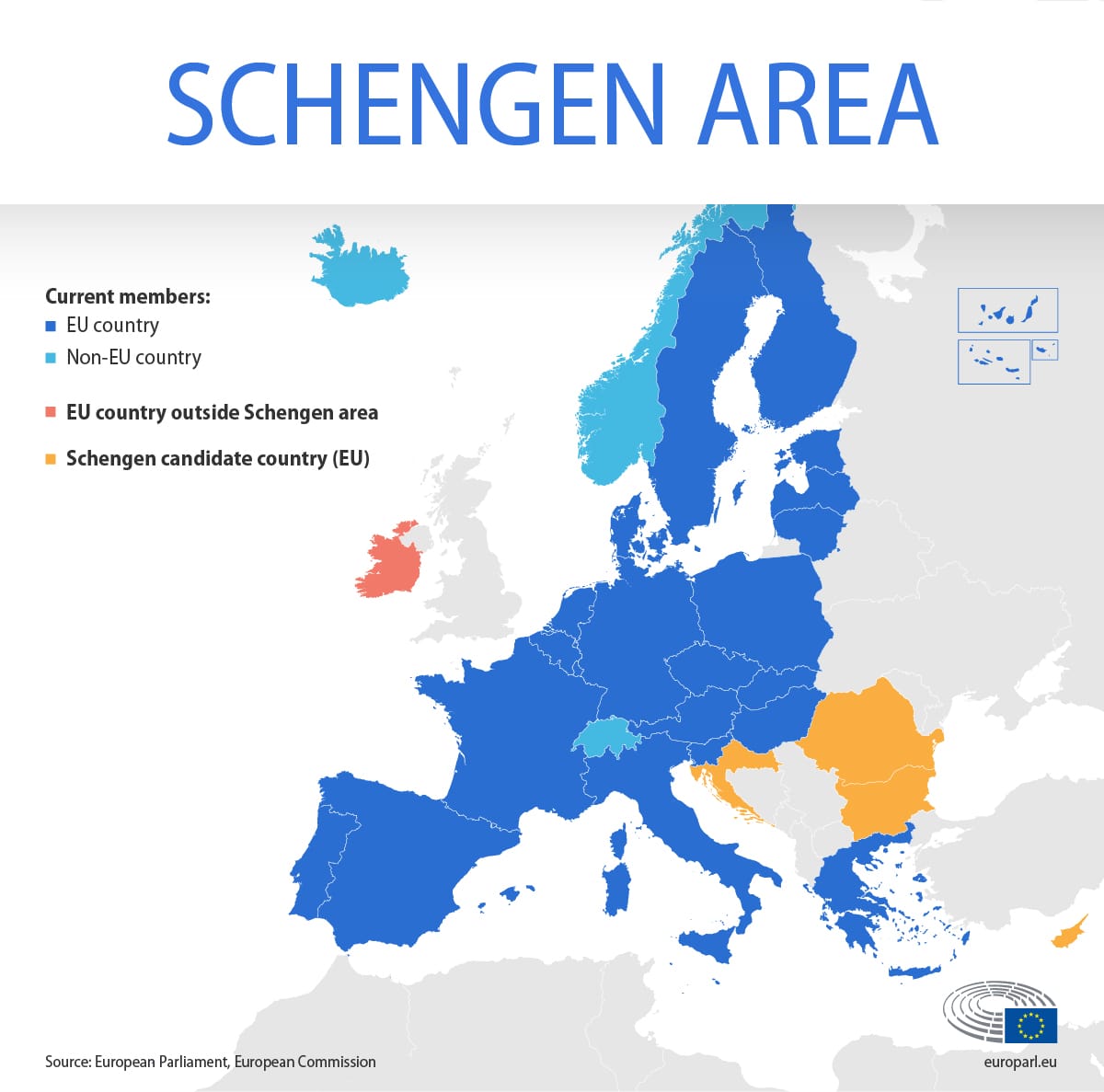 Map of Europe with countries highlighted according to their participation in the Schengen Area.