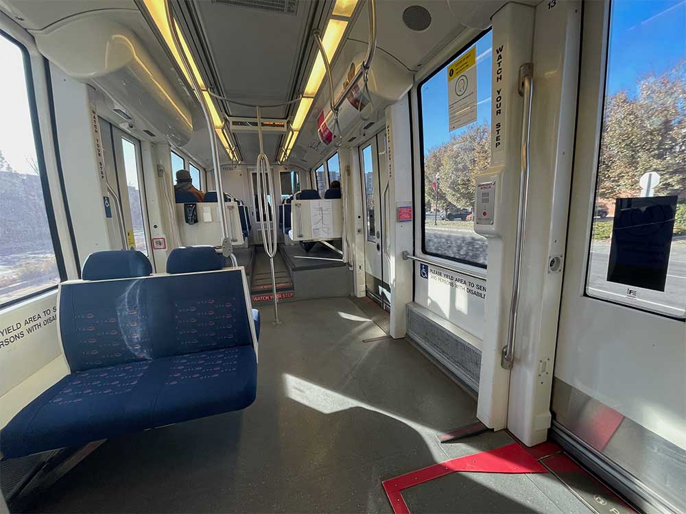 Interior of low floor light rail train.