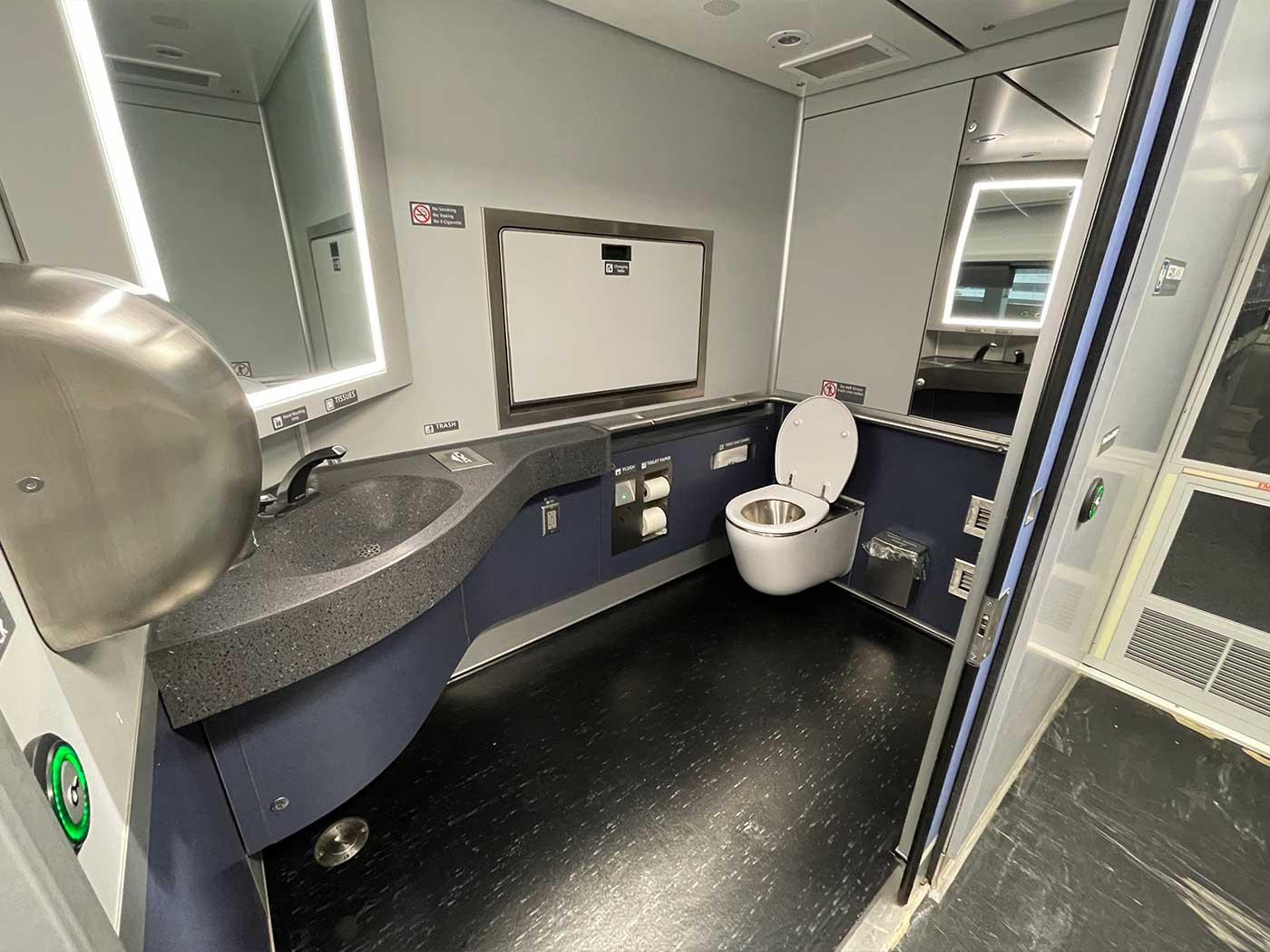 Wheelchair accessible bathroom on Amtrak train with space for a power wheelchair.