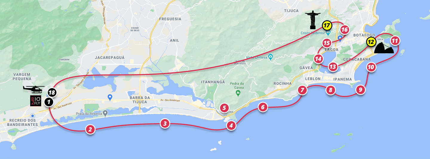 Map tracing helicopter route map along the beaches and attractions in Rio de Janeiro.